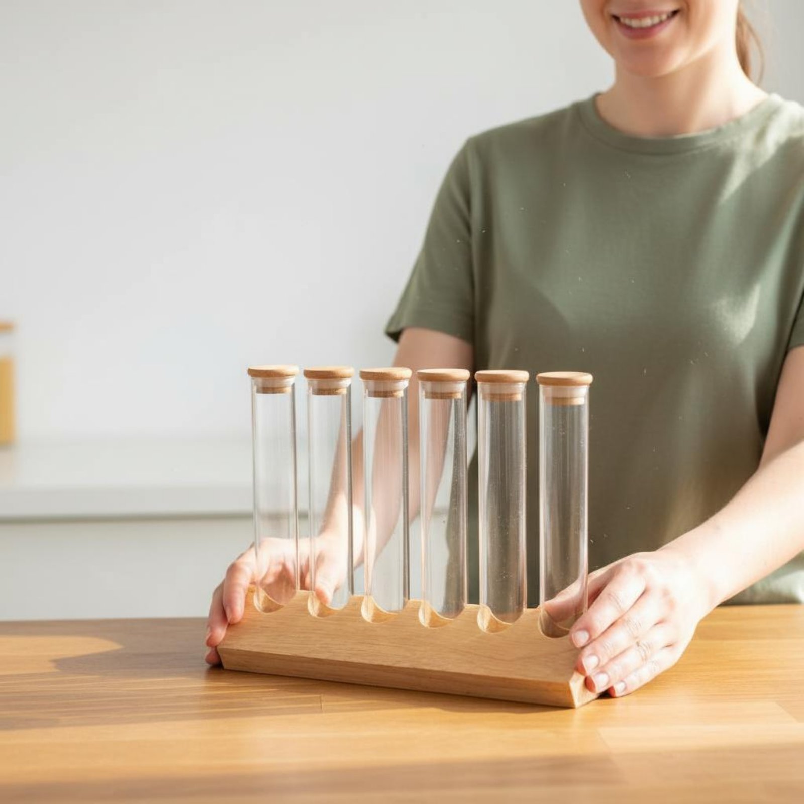Display Stand Wood - Set Wadah Tabung Kaca dengan Rak